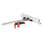 Universal guide fence with fence extension mounted on an aluminum track with red clamps for routing