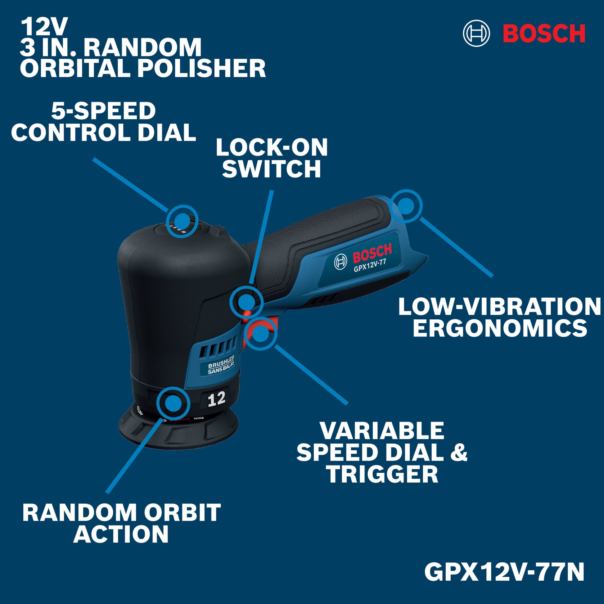 Bosch 12V 3" Random Orbital Polisher (Bare Tool) GPX12V-77N