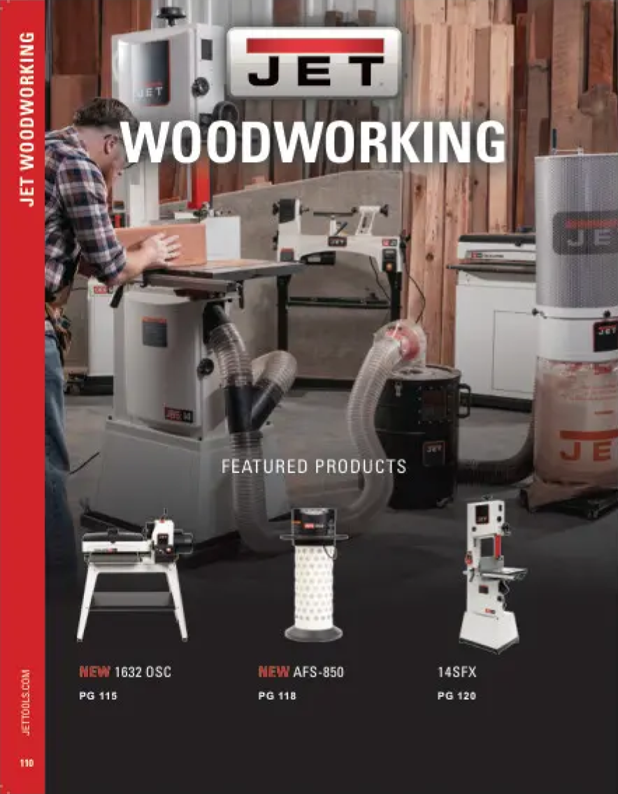 Advertisement for JET Woodworking products featuring a workshop and machinery.