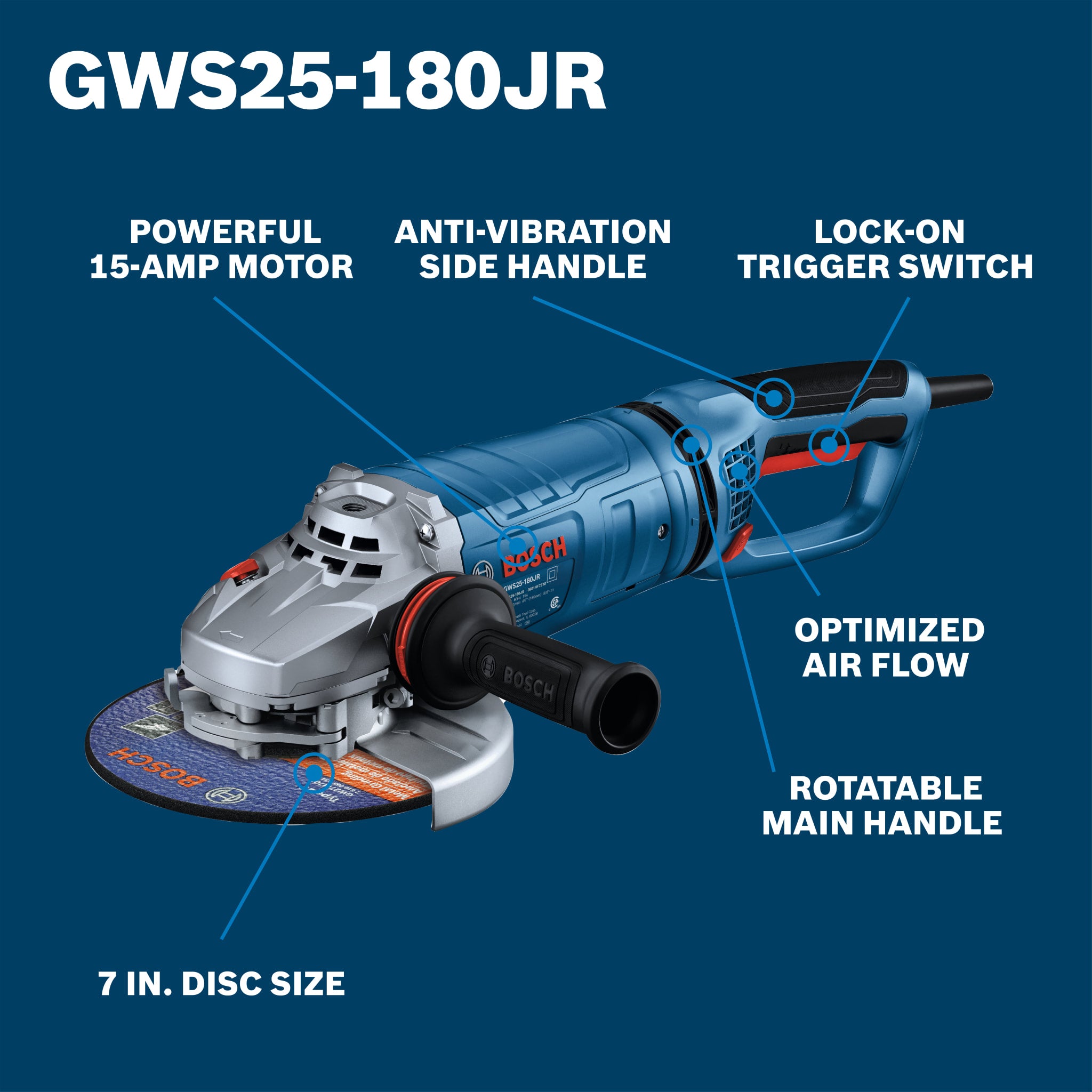 Bosch 7" Large Angle Grinder - 15 Amp with Lock-On Trigger Switch and Rotatable Main Handle GWS25-180JR