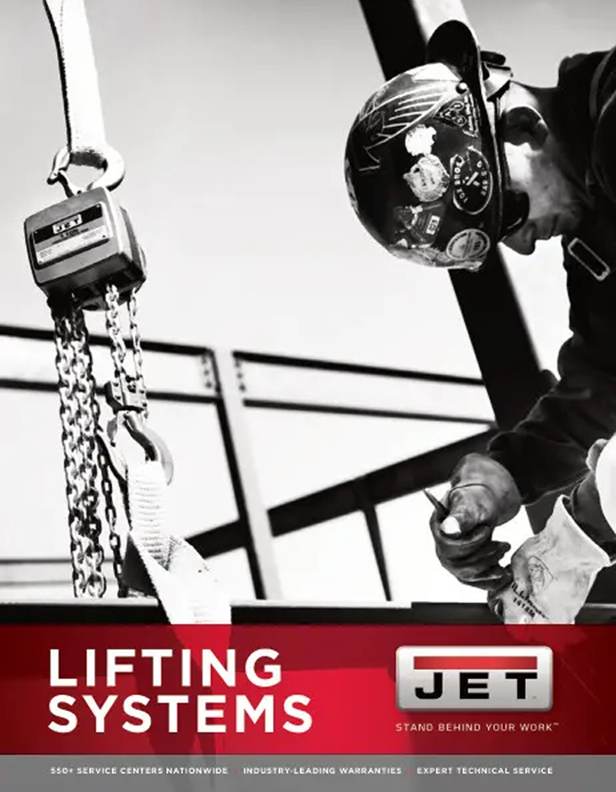 Person using lifting equipment with 'JET' branding on a cover titled 'Lifting Systems'.