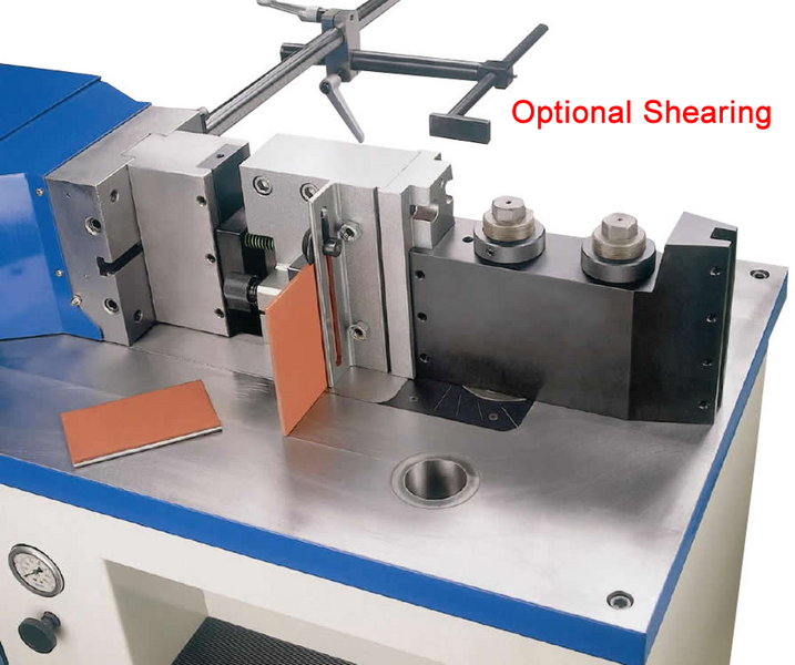 Baileigh HPB-45NC press brake shown with optional shearing module and metal workpieces on the bed.
