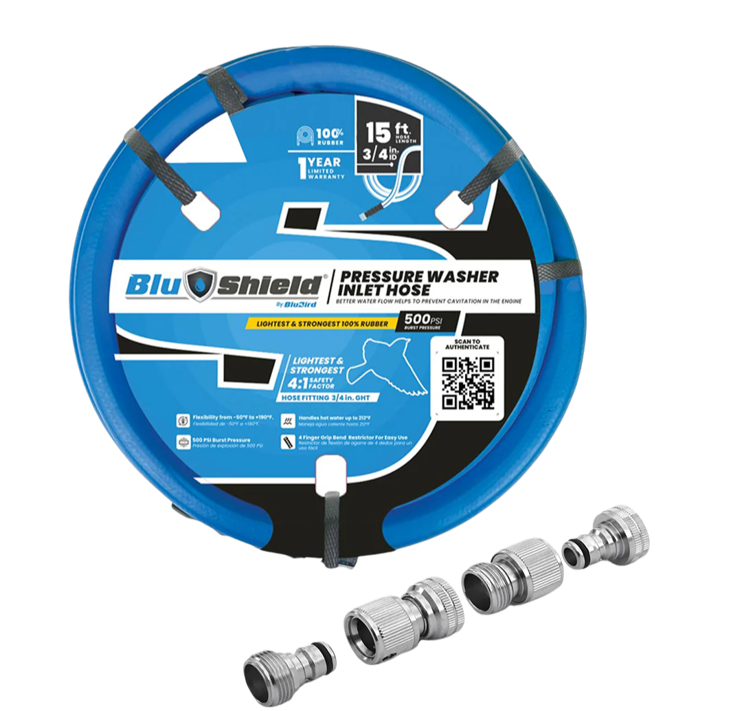 Blubird 3/4" X 15' Blu Shield Pressure Washer Inlet Hose with 4 Pc QC Kit BS3415-QC