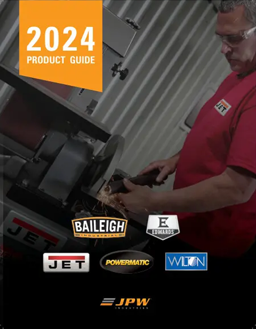 2024 product guide cover with a person working on equipment and various brand logos.