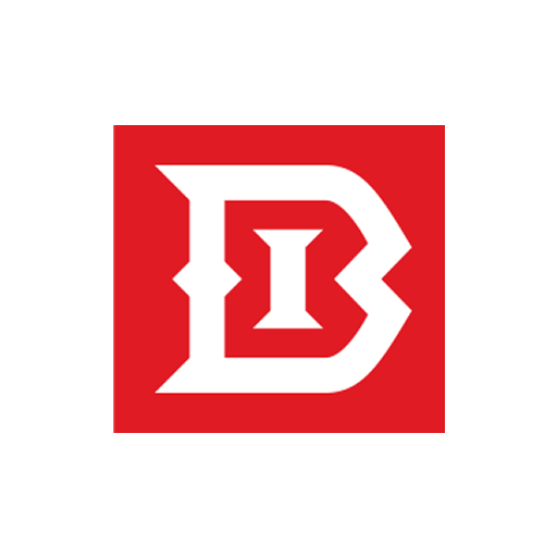 White 'B' logo on a red square background