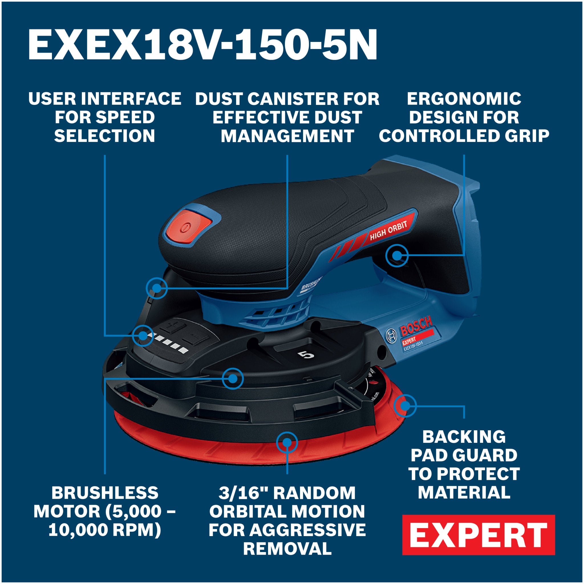 Bosch EXPERT 18V 6" Random Orbit Sander 5mm EXEX18V-150-5N
