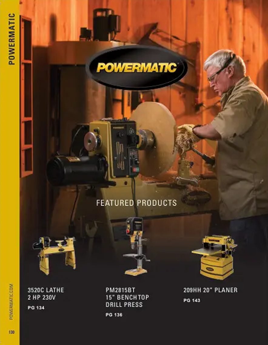 Advertisement for Powermatic tools featuring a man using a lathe in a workshop.