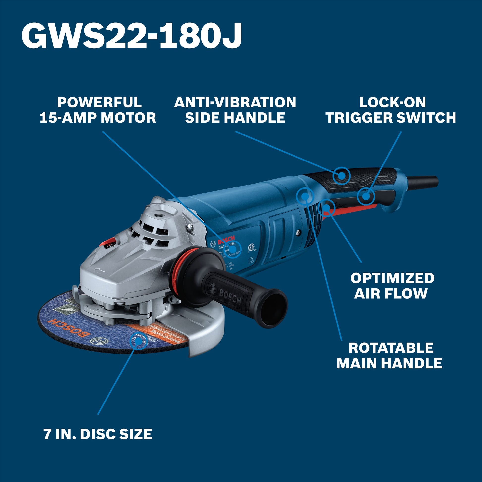 Bosch 7" Large Angle Grinder - 15 Amp with Lock-On Trigger Switch GWS22-180J