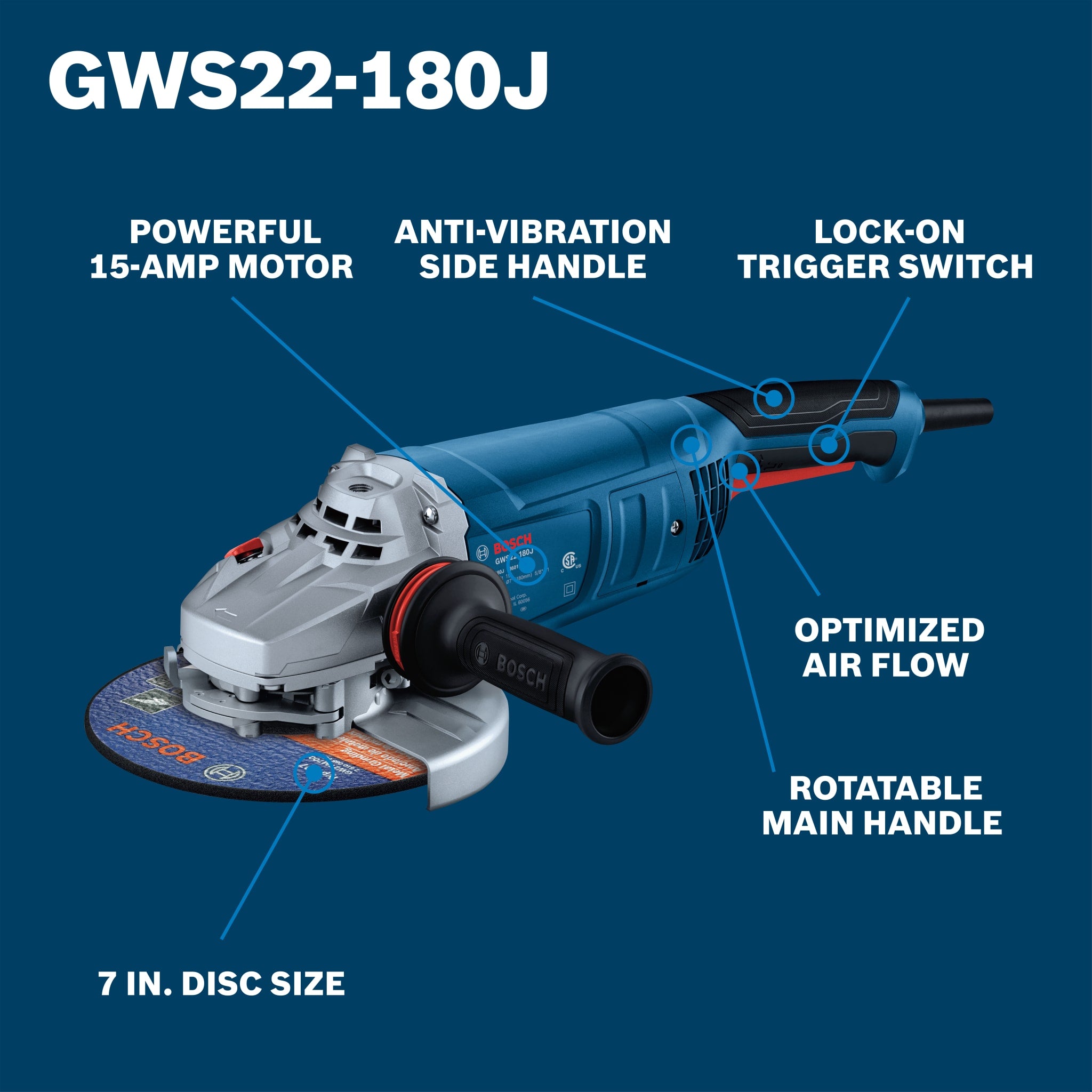 Bosch 7" Large Angle Grinder - 15 Amp with Lock-On Trigger Switch GWS22-180J