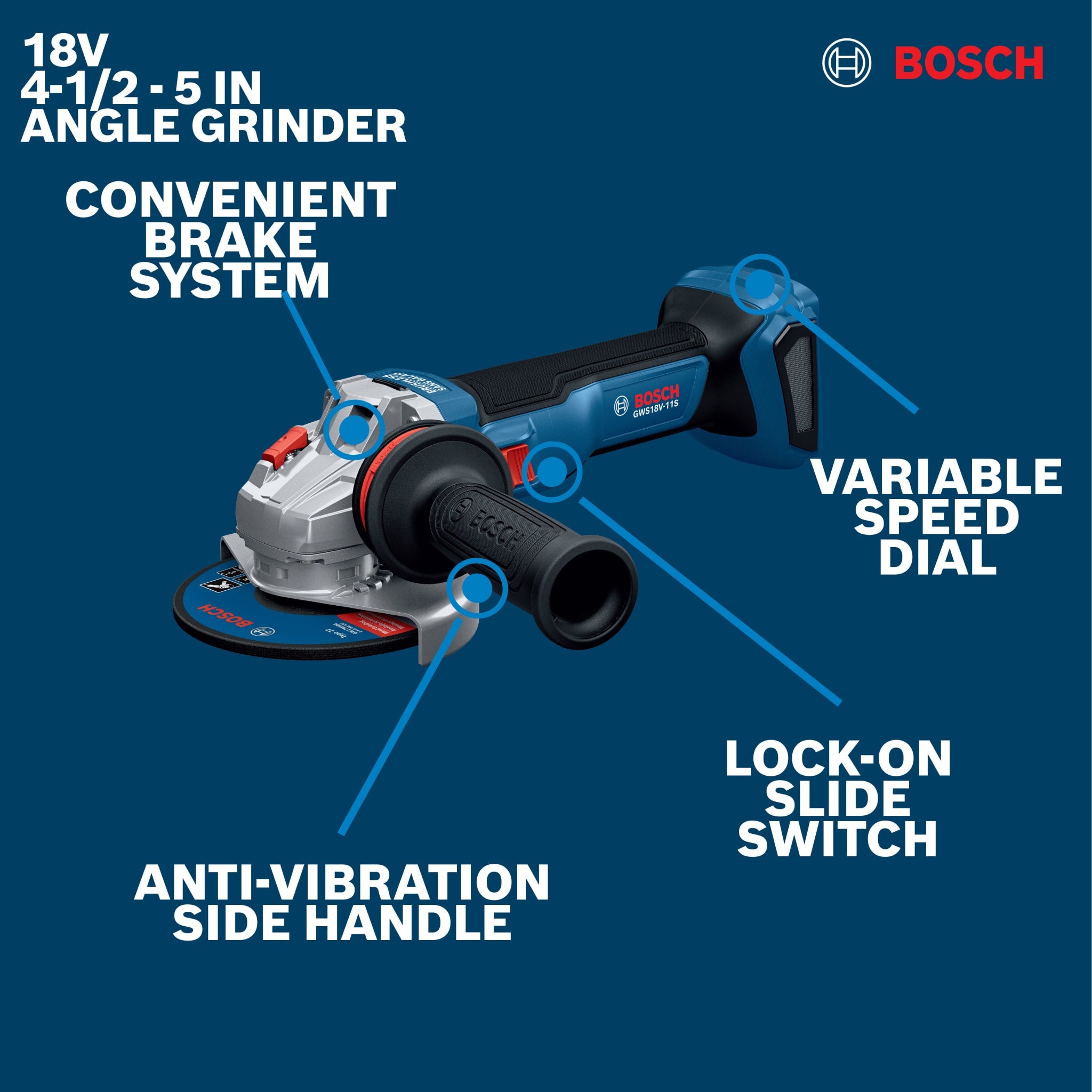 Bosch 18V 4-1/2 - 5" Angle Grinder with Slide Switch (Bare Tool) GWS18V-11SN