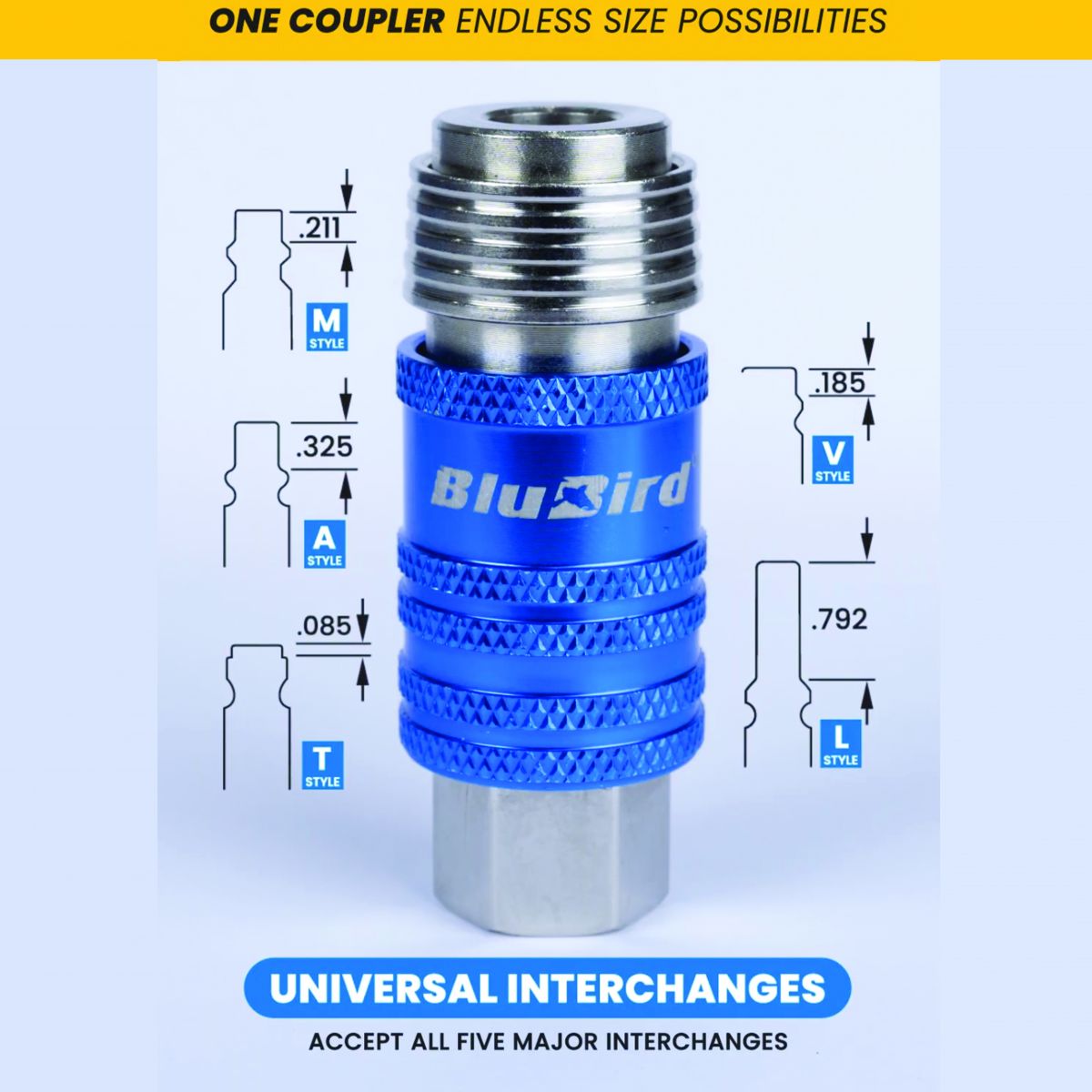 Blubird 3/8" X 50' Rubber Air Hose Assembly 3/8" Male-NPT with Universal 5 in 1 Coupler BB3850-5CP