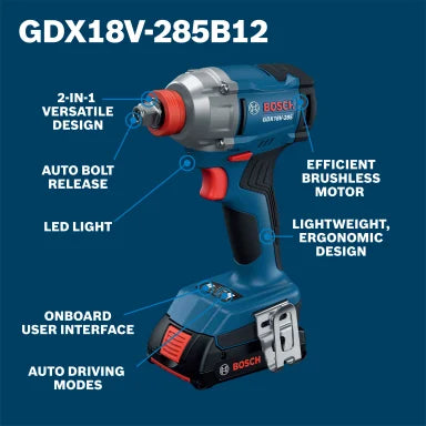 Bosch 18V Mid Torque 2-In-1 Impact Wrench/Driver Kit w/ 2 Ah Battery GDX18V-285B12