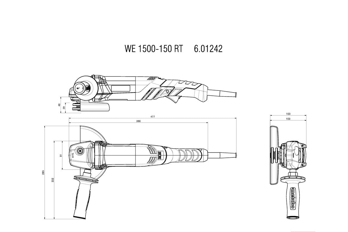 Metabo 6in Angle Grinder w/Electronics, Lock-on, Rat Tail, WE 1500-150 RT 601242420
