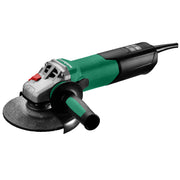 Close-up of Metabo HPT WE 15-150 Quick angle grinder with green housing and black handle.