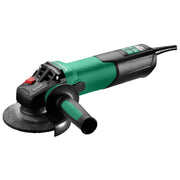 Green and black 5 inch variable speed angle grinder with guard and side handle.