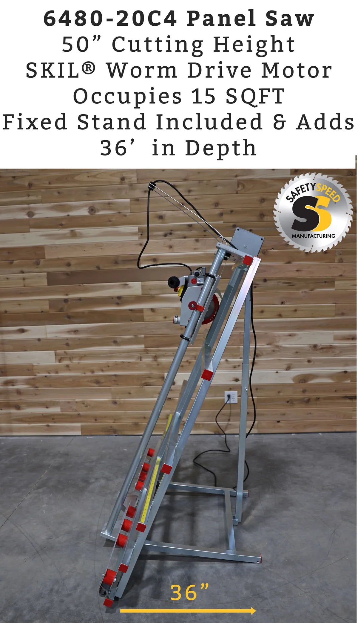Safety Speed 6480-20C5 vertical panel saw on folding stand with wheels in a wood shop, logo visible