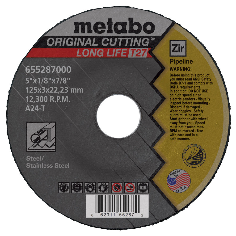 Metabo 5in x 1/8 in x 7/8 in A24T Long Life Pipeline Cutting Wheel - 25 Pack 655287000