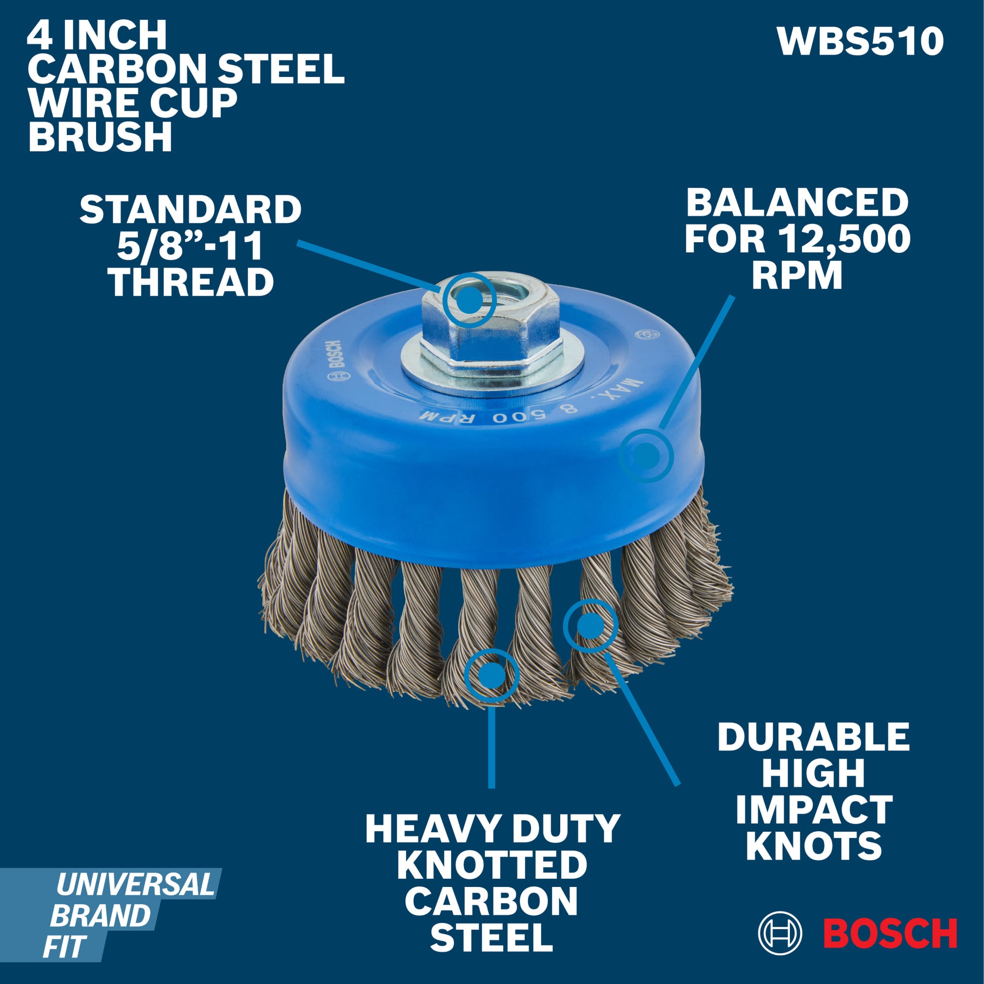 Bosch 4" Cup Brush, Knotted, Carbon Steel WBS510