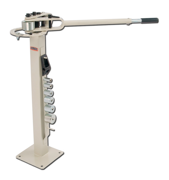 Baileigh MCB-650 Compact Flat Bar Bender with long handle and seven die sets mounted on a vertical column.