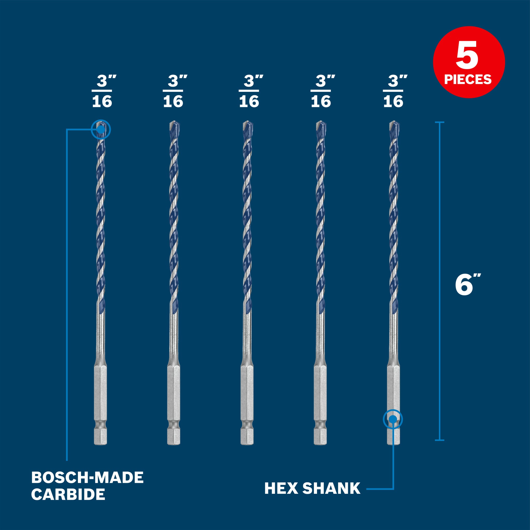 Bosch 3/16" x 6" Blue Xtreme Carbide Hammer Drill Bit, 5-Pack BXH045