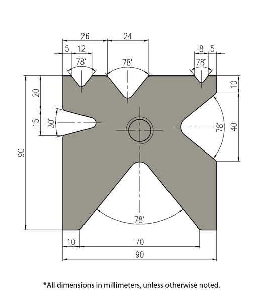 Dimensioned engineering drawing of a press brake die plate with millimeter measurements and angular notes.