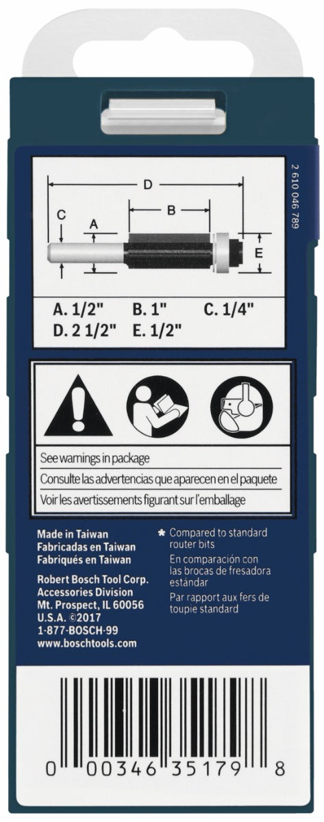 Bosch 1/2 x 1" Carbide-Tip 3-Flute Flush Trim Router Bit 85216MC