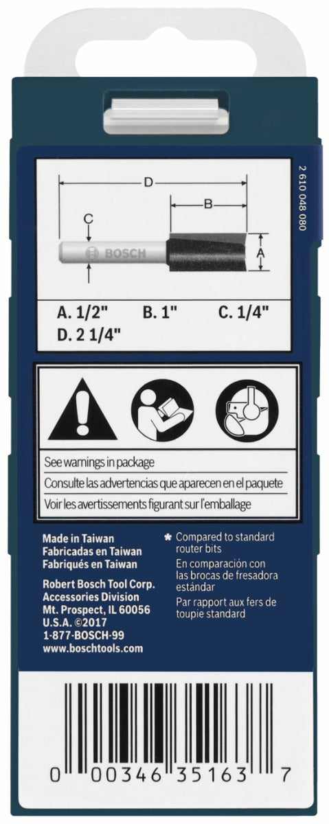 Bosch 1/2 x 1" Carbide-Tip 2-Flute Straight Router Bit 85227MC