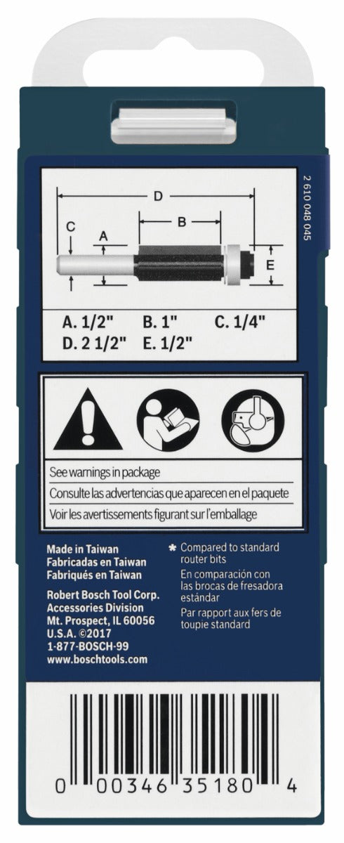 Bosch 1/2 x 1" Carbide-Tip 2-Flute Flush Trim Router Bit 85266MC