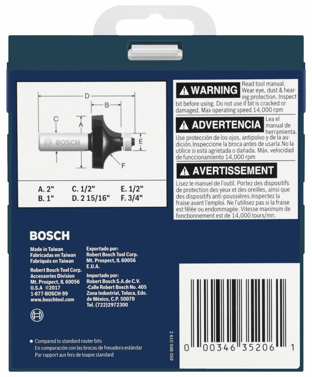 Bosch 3/4 x 1" Carbide-Tip Roundover Router Bit 85434MC