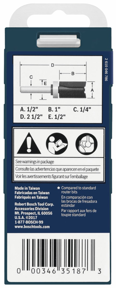 Bosch 1/2 x 1 in. Carbide-Tipped Double-Flute Top-Bearing Straight Trim Router Bit