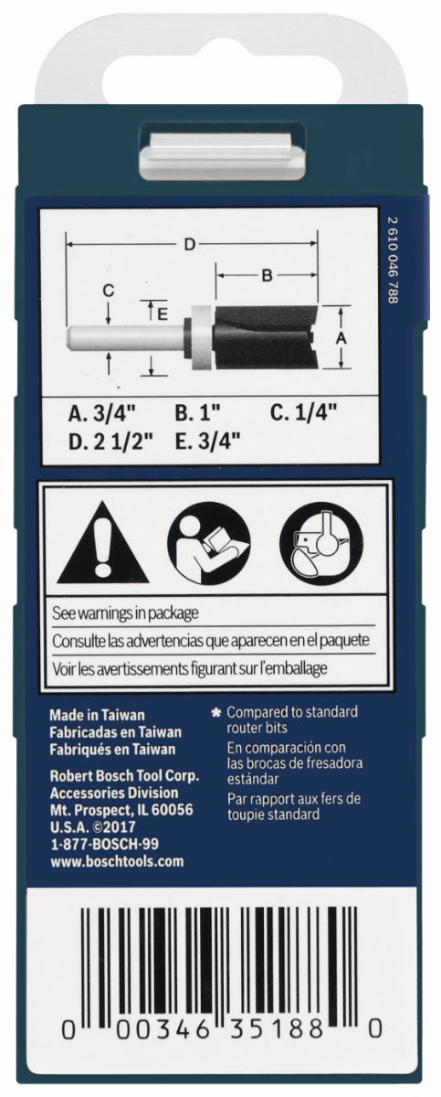 Bosch 3/4 x 1" 2-Flute Top-Bearing Straight Trim Router Bit 85682MC