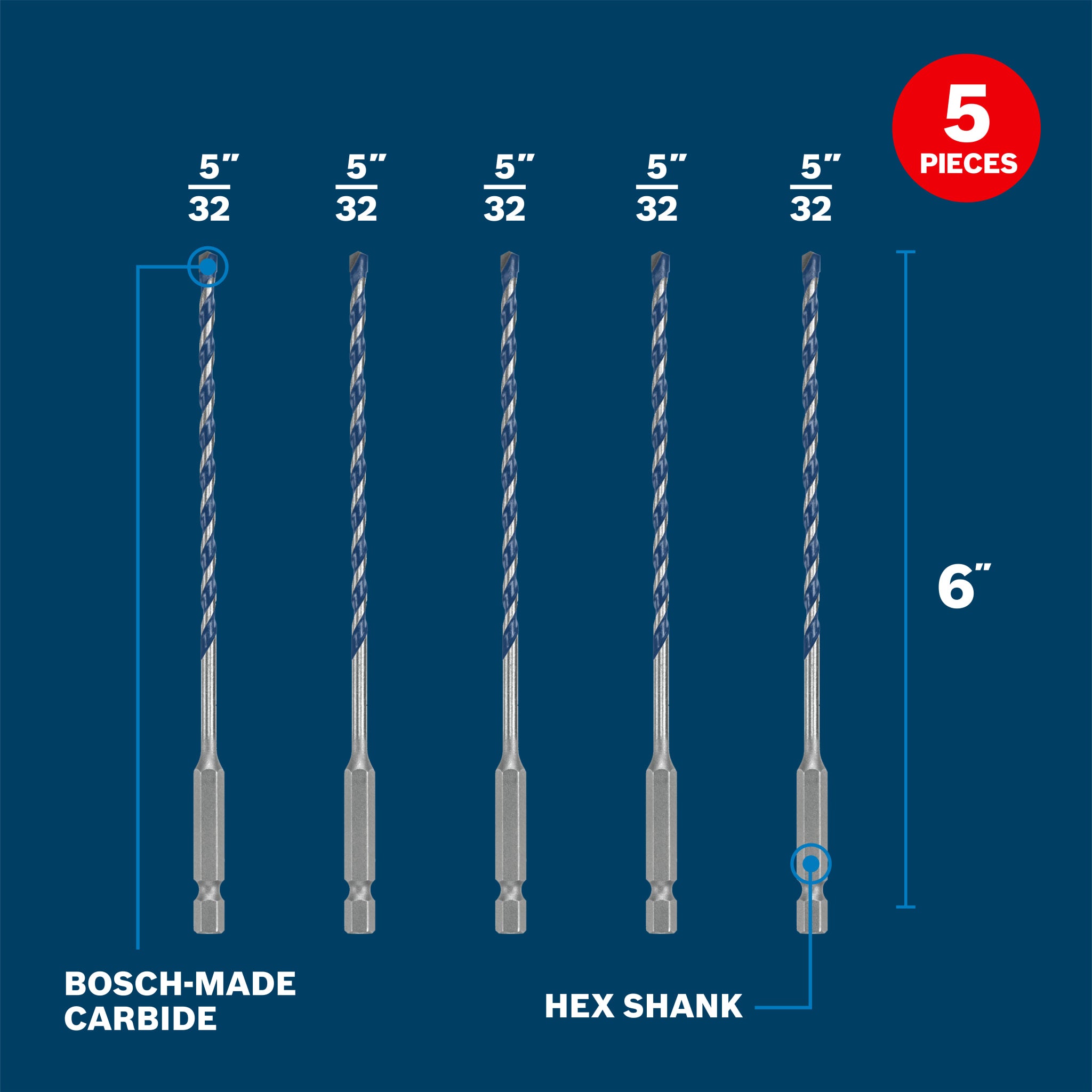 Bosch 5/32" x 6" Blue Xtreme Carbide Hammer Drill Bit, 5-Pack BXH025