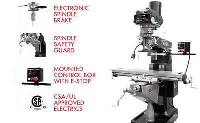Jet ETM-949 Mill with 3-Axis ACU-RITE 203 (Quill) DRO and X, Y-Axis JET Powerfeeds and USA Powered Draw Bar 894120