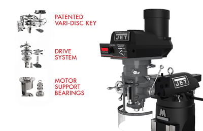 Jet ETM-949 Mill with 2-Axis ACU-RITE 303 DRO and X, Y, Z-Axis JET Powerfeeds and USA Powered Draw Bar 894136