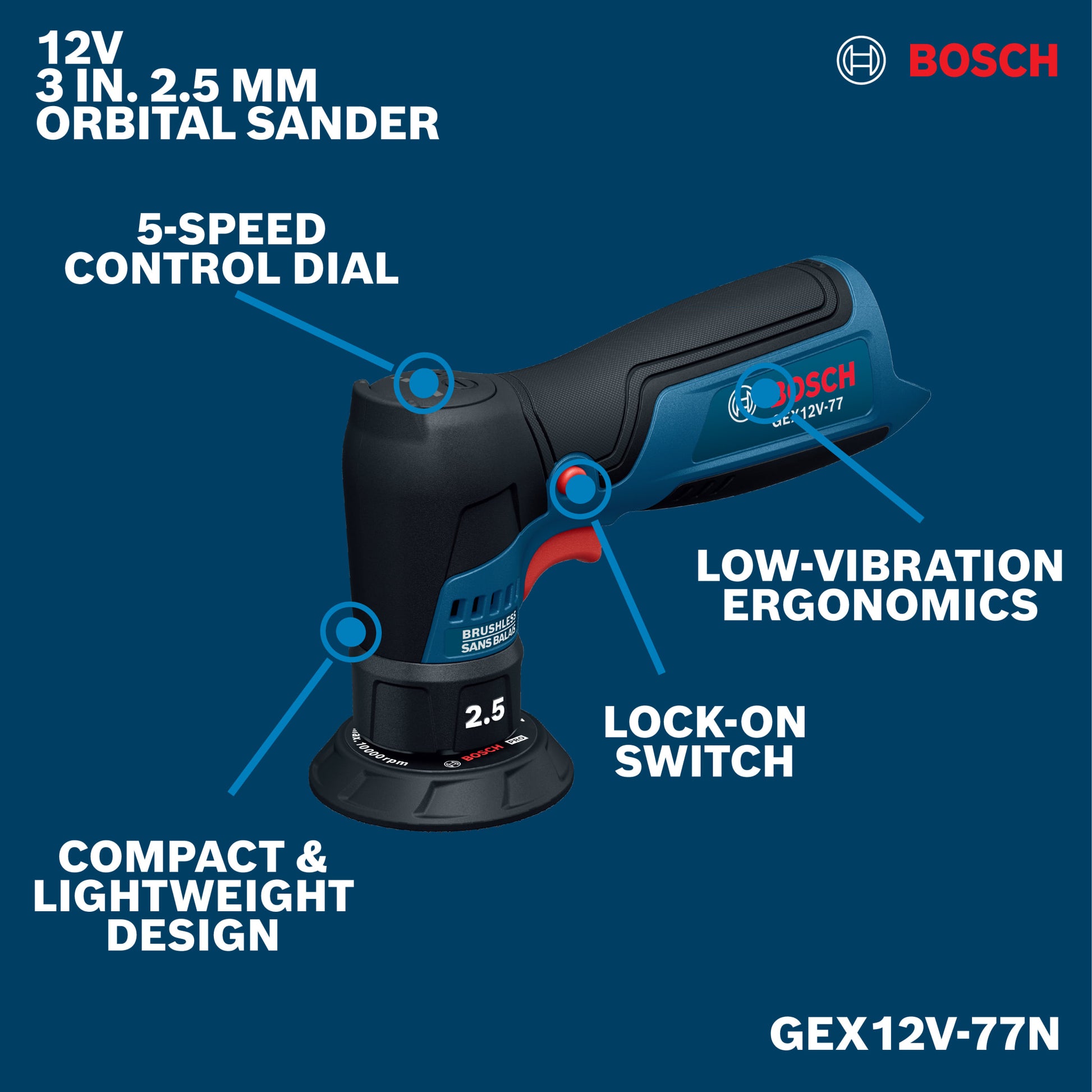 Bosch 12V 3" Random Orbital Sander (Bare Tool) GEX12V-77N