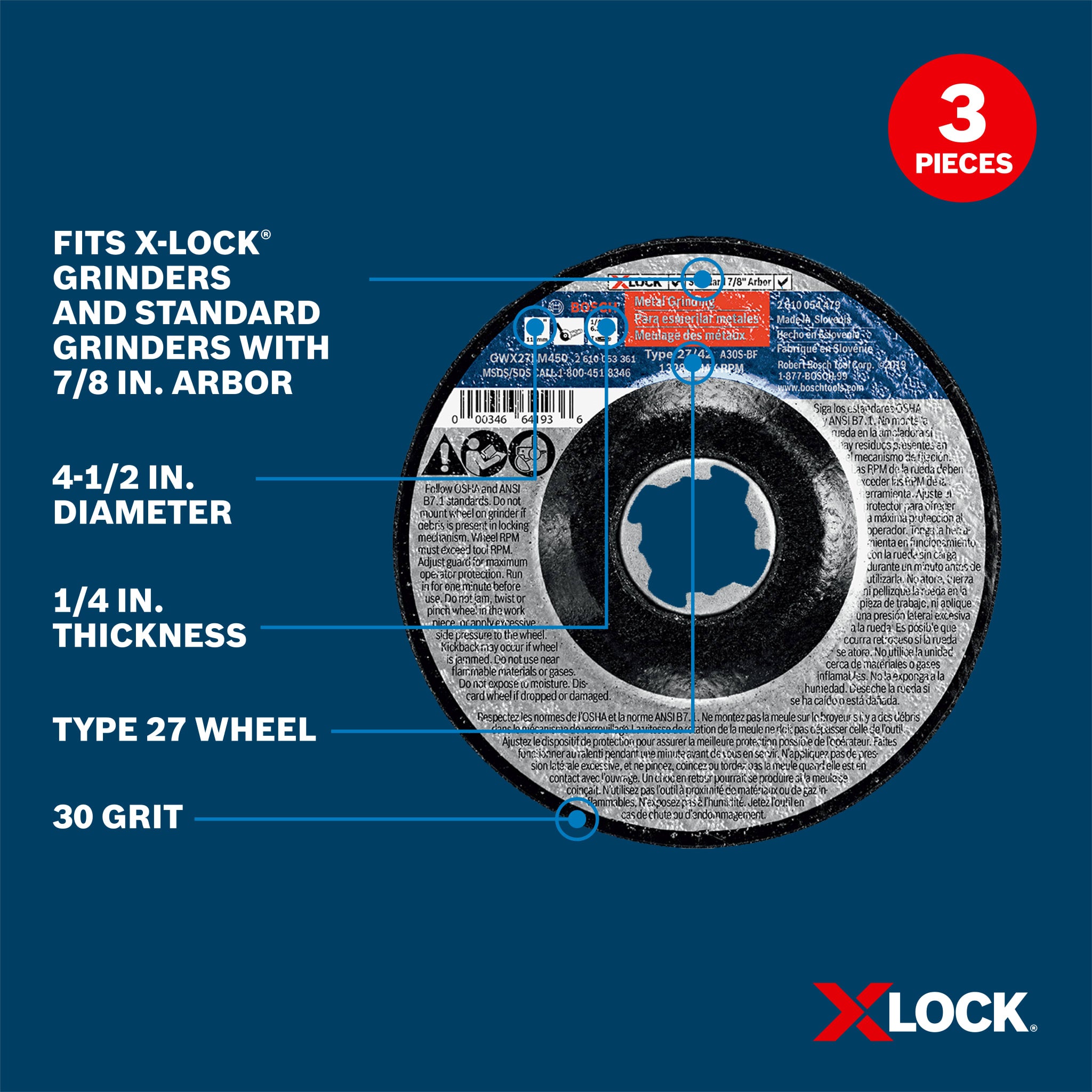 Bosch 4-1/2" x 1/4" X-LOCK Type 27 30 Grit Metal Grinding Abrasive Wheel, 3-Pack GWX27LM450P3