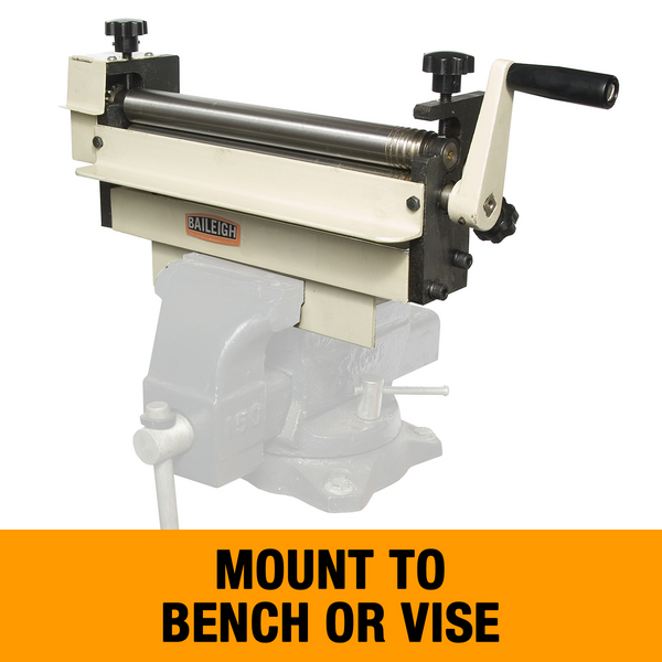 Full view of the Baileigh SR-1220M slip roll mounted on a base with mounting options for bench or vise.