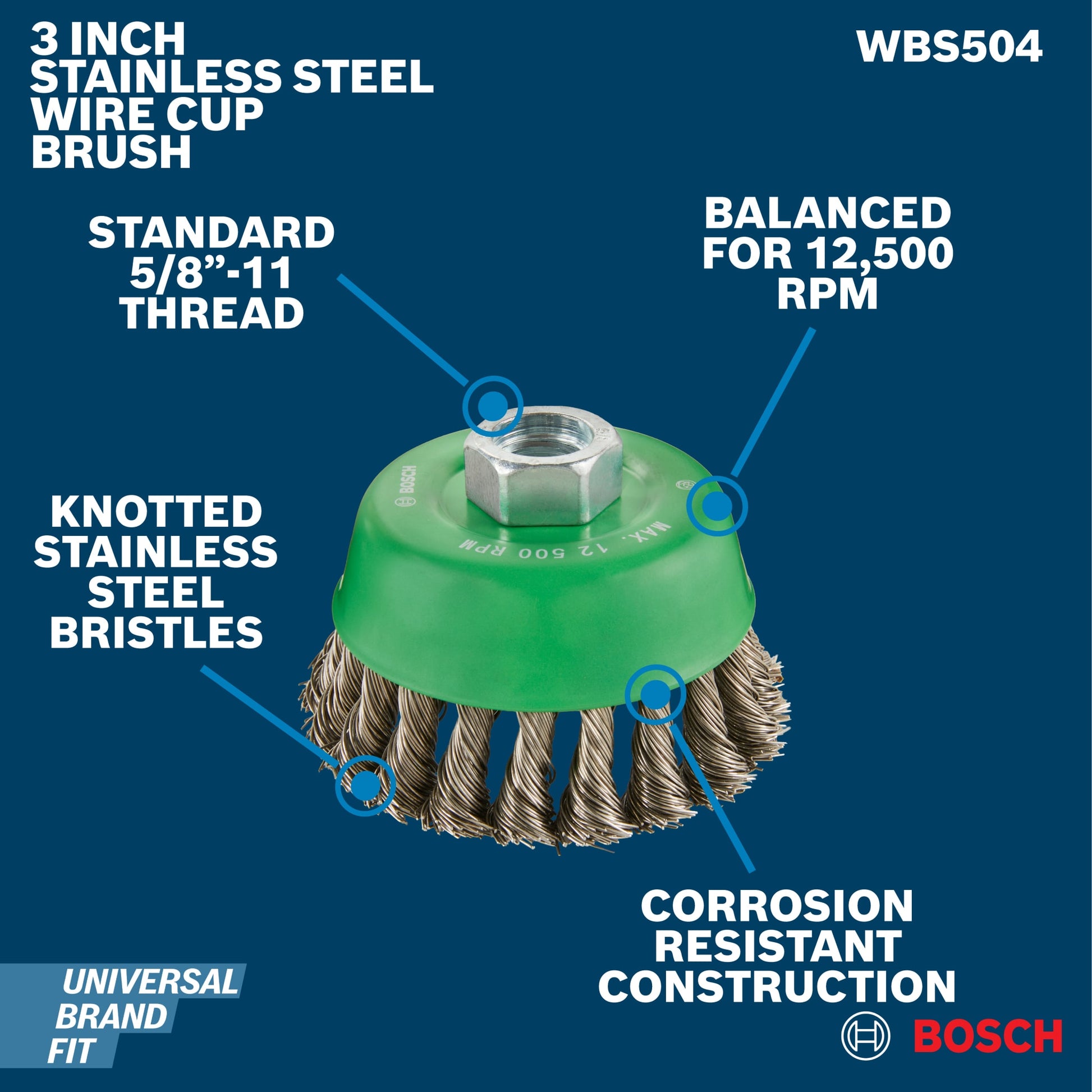Bosch 3-1/2" Cup Brush, Knotted, Stainless Steel WBS504