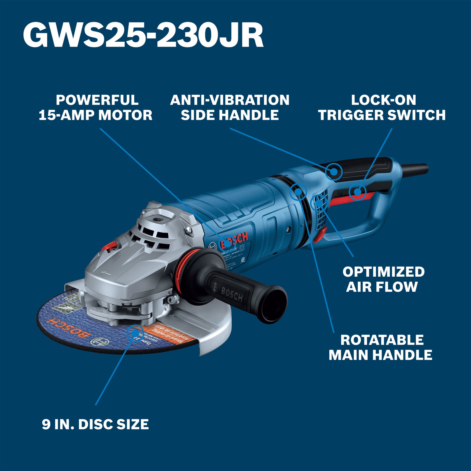 Bosch 9" Large Angle Grinder - 15 Amp with Lock-On Trigger Switch and Rotatable Main Handle GWS25-230JR