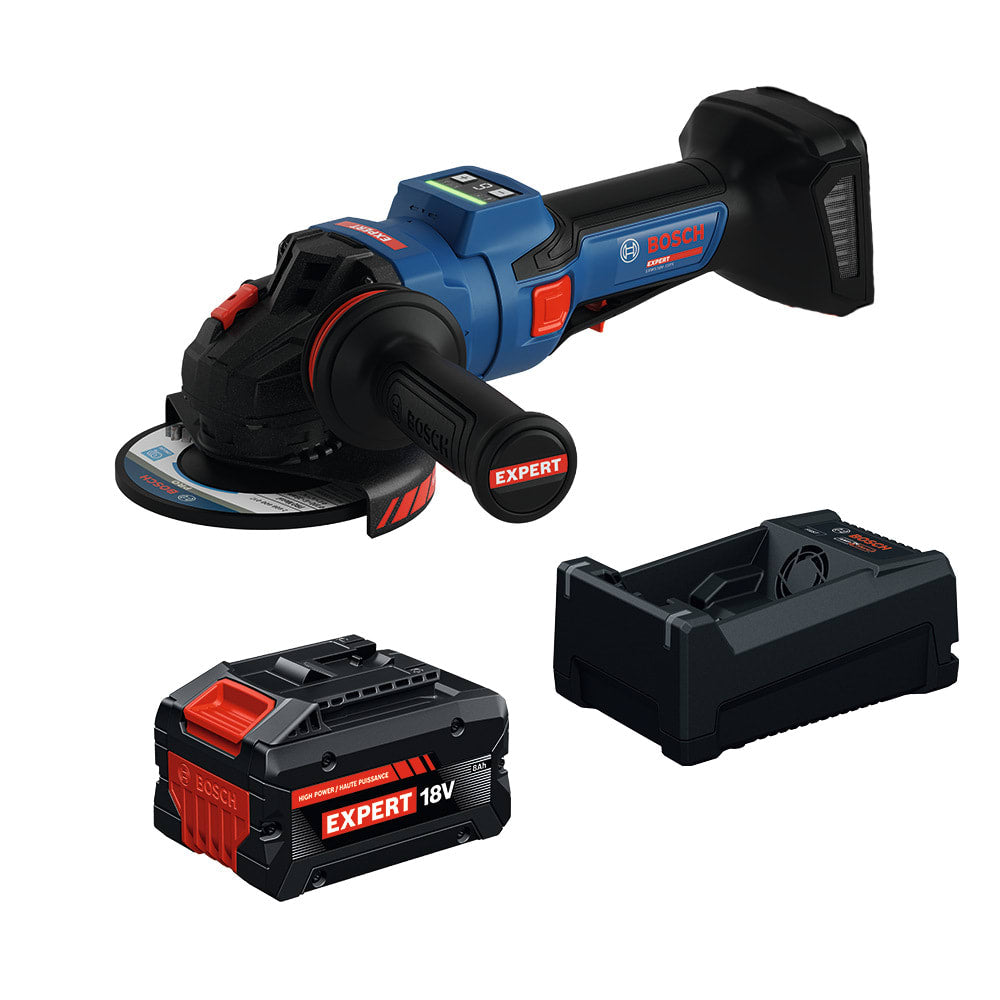 Bosch EXPERT 18V 5 - 6" Angle Grinder with No Lock-On Paddle Switch Kit 8.0 Ah Battery and Multi-Voltage Charger EXWS18V-15PSB18X