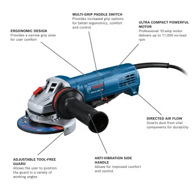 Bosch 4-1/2" Angle Grinder w/ Lock-on Paddle Switch, 10A GWS10-450P
