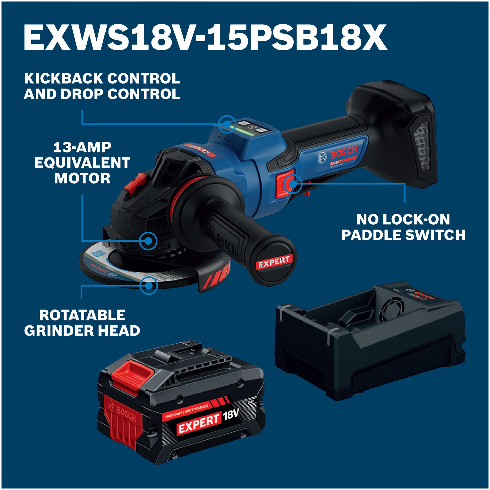 Bosch EXPERT 18V 5 - 6" Angle Grinder with No Lock-On Paddle Switch Kit 8.0 Ah Battery and Multi-Voltage Charger EXWS18V-15PSB18X