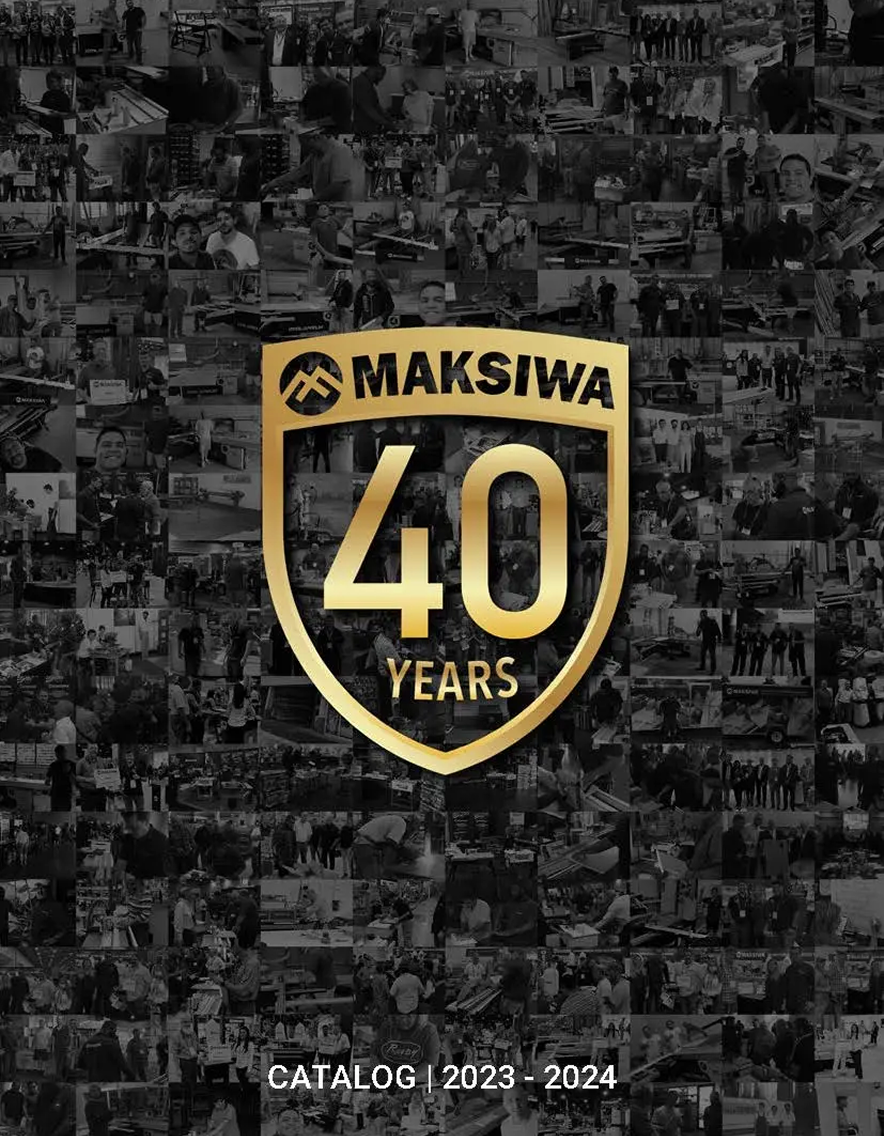 Maksiwa 40th anniversary catalog cover with a collage of people and gold logo.