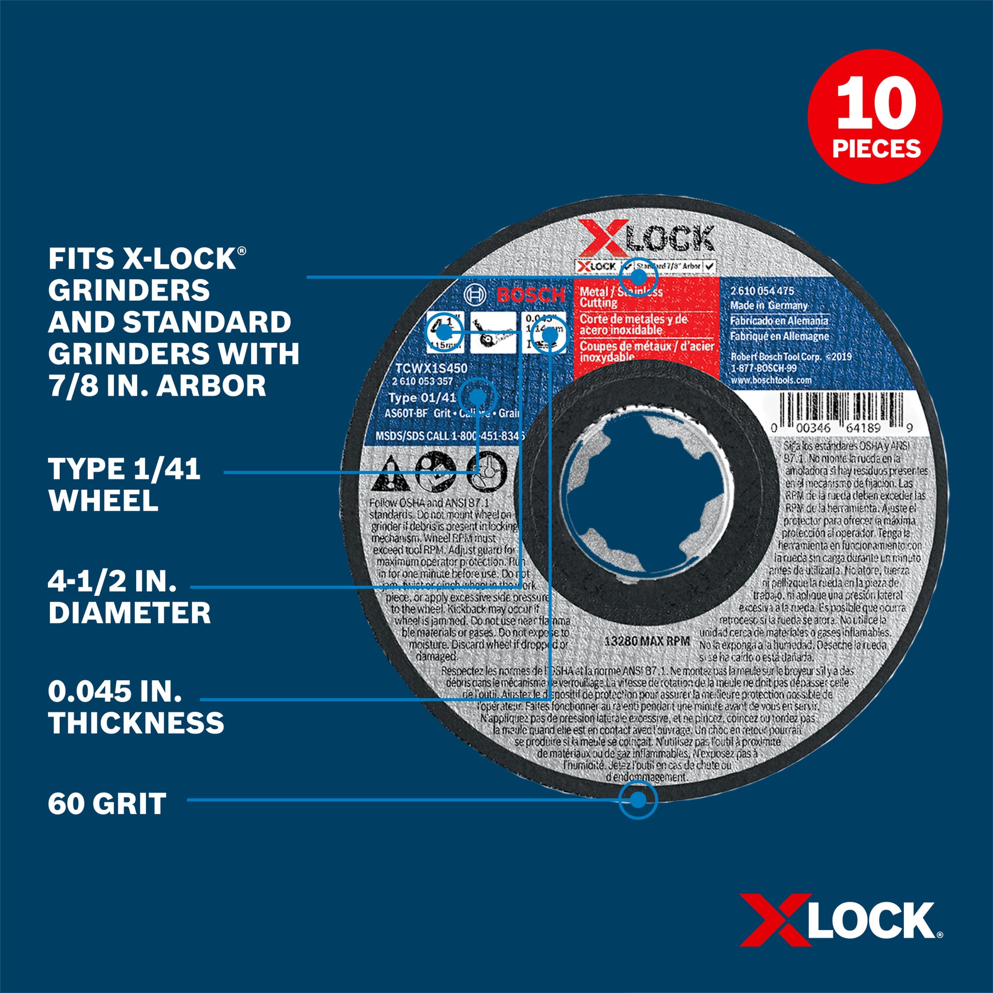 Bosch 4-1/2" x .045" Type 1/41 X-LOCK Metal/Stainless Steel Fast Cutting Abrasive Wheel 60 Grit, 10-Pack TCWX1S450P10