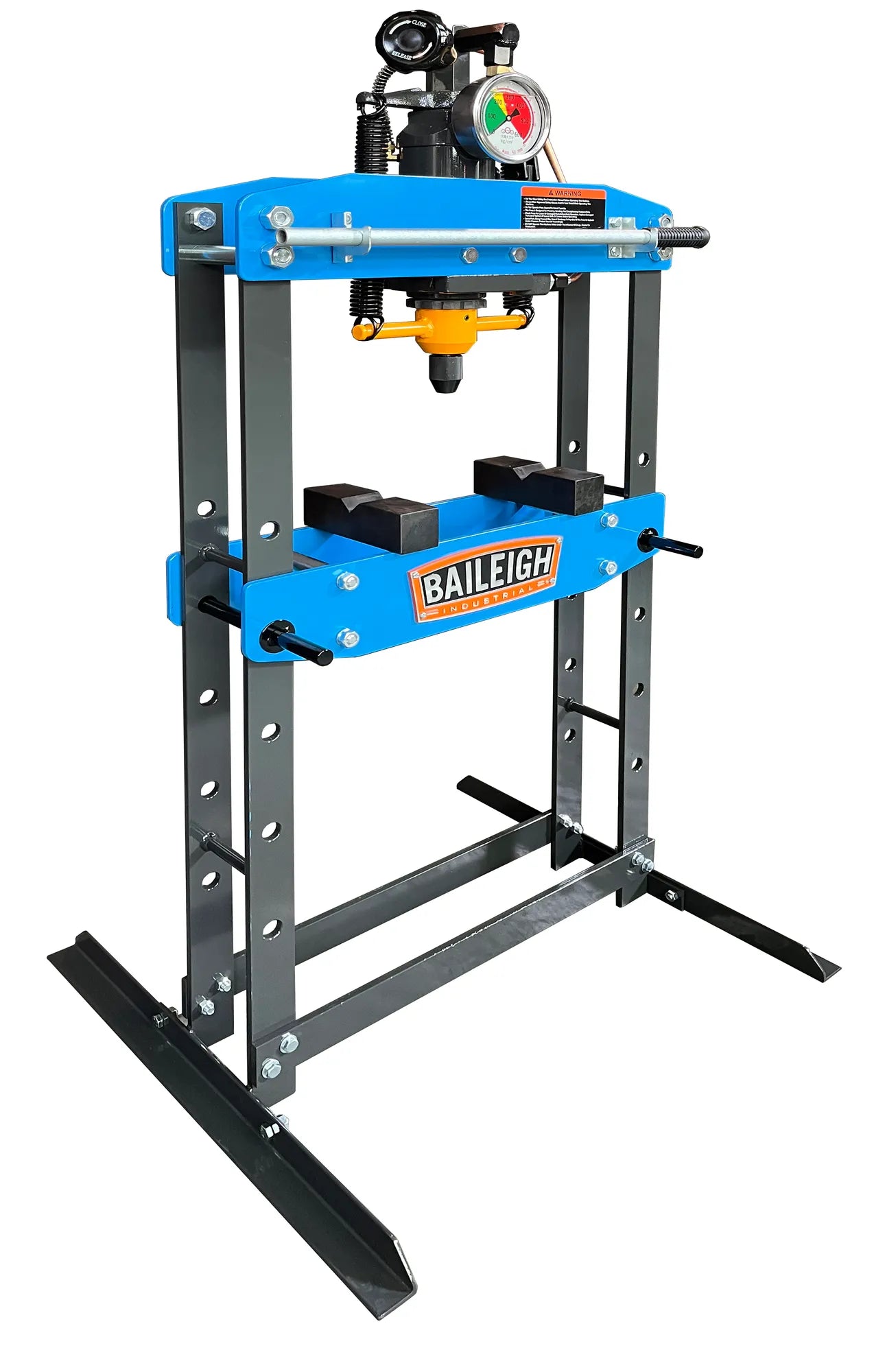 Baileigh HSP-5A 5-Ton hydraulic shop press with blue beam and gray frame