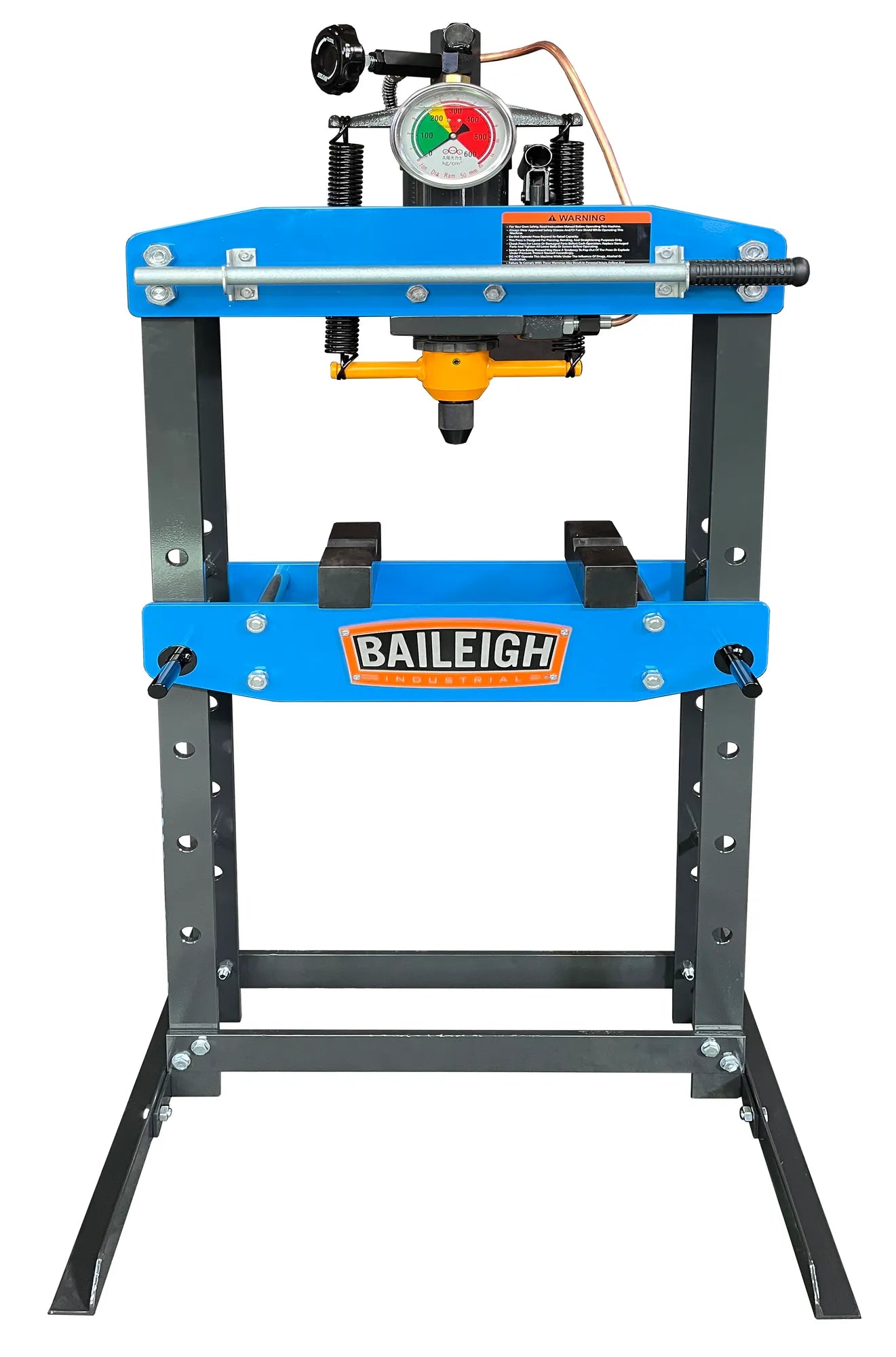 Baileigh HSP-5A five ton hydraulic shop press with blue pressing beam and front gauge.