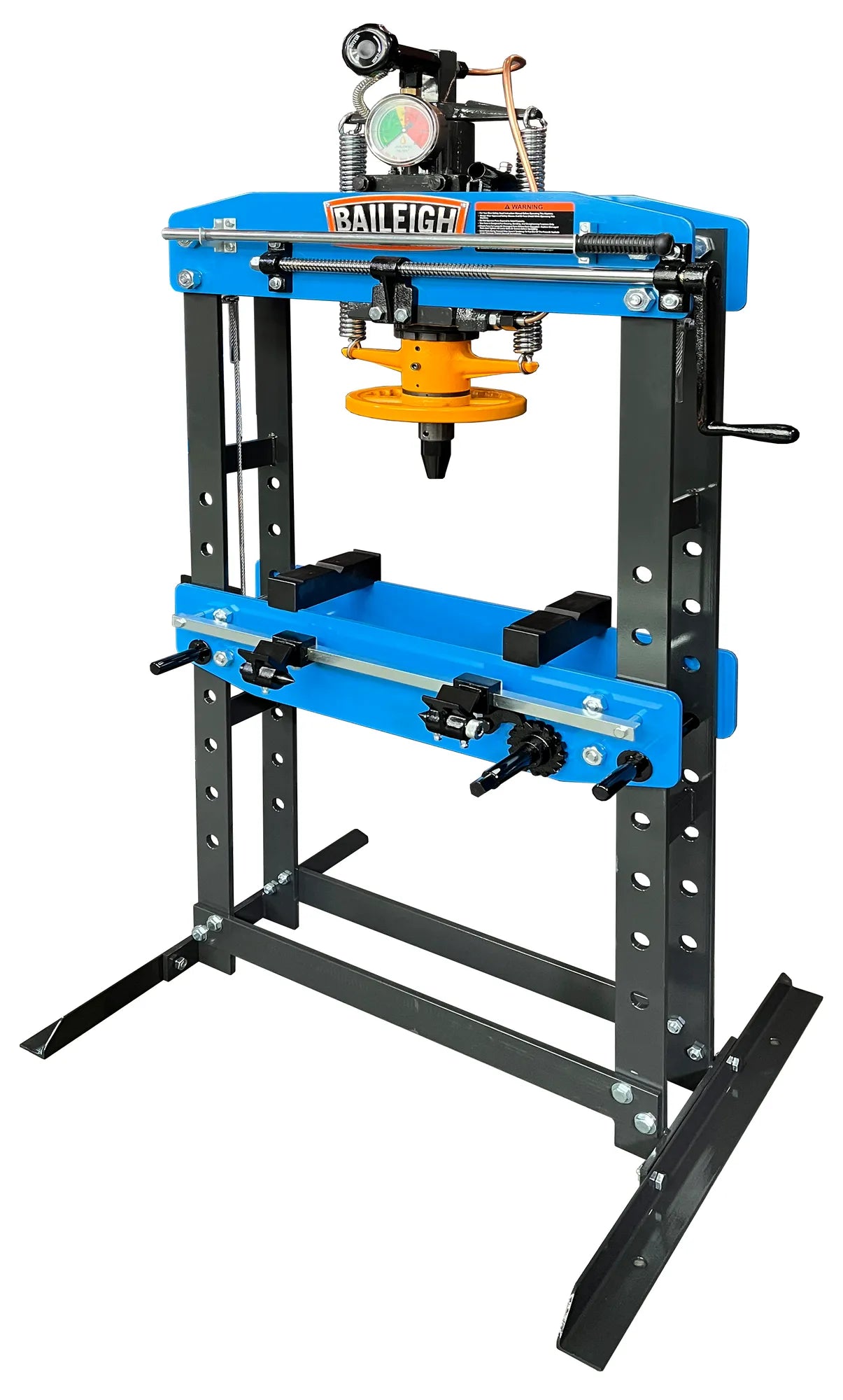Baileigh HSP-15A 15 ton hydraulic shop press with blue frame and orange ram in a heavy H frame