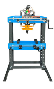 Baileigh 15 ton hydraulic shop press with blue frame and gauge