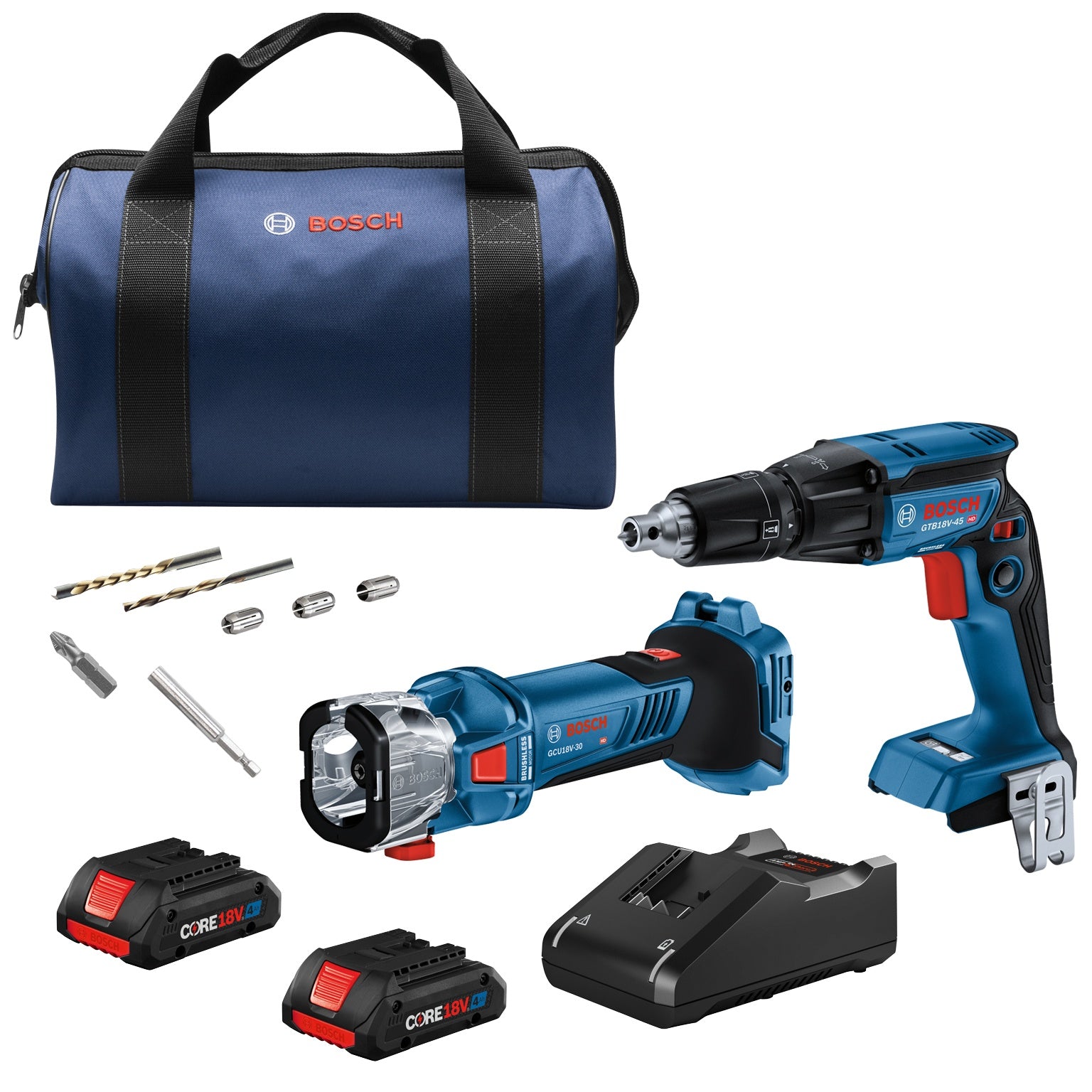 Bosch 18V 2-Tool Brushless Combo Kit with Screwgun GTB18V-45N Cutout Tool GCU18V-30N 2 40 Ah CORE Compact Batteries GXL18V-291B25