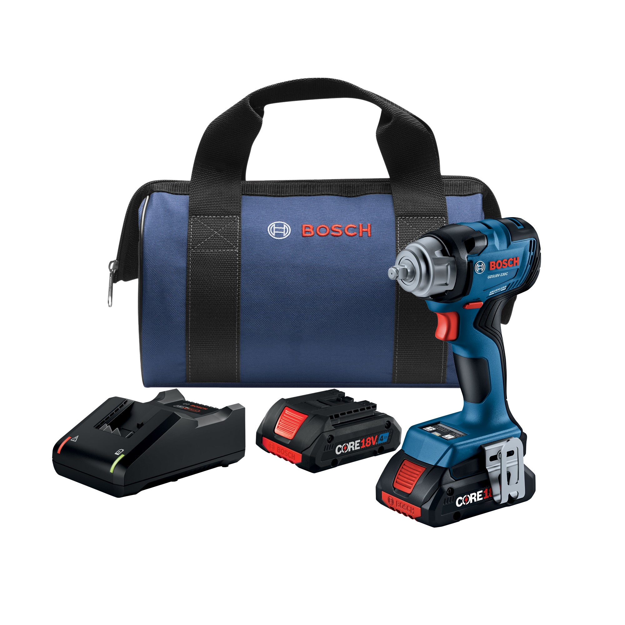 Bosch 18V 3-8 In Impact Wrench w- Friction Ring and 2 CORE18V 4 Ah Advanced Power Batteries GDS18V-230CB24